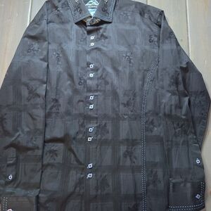 Beespoke Mens Black Floral Jacquard Button Down Shirt Paisley Trim Cotton L
